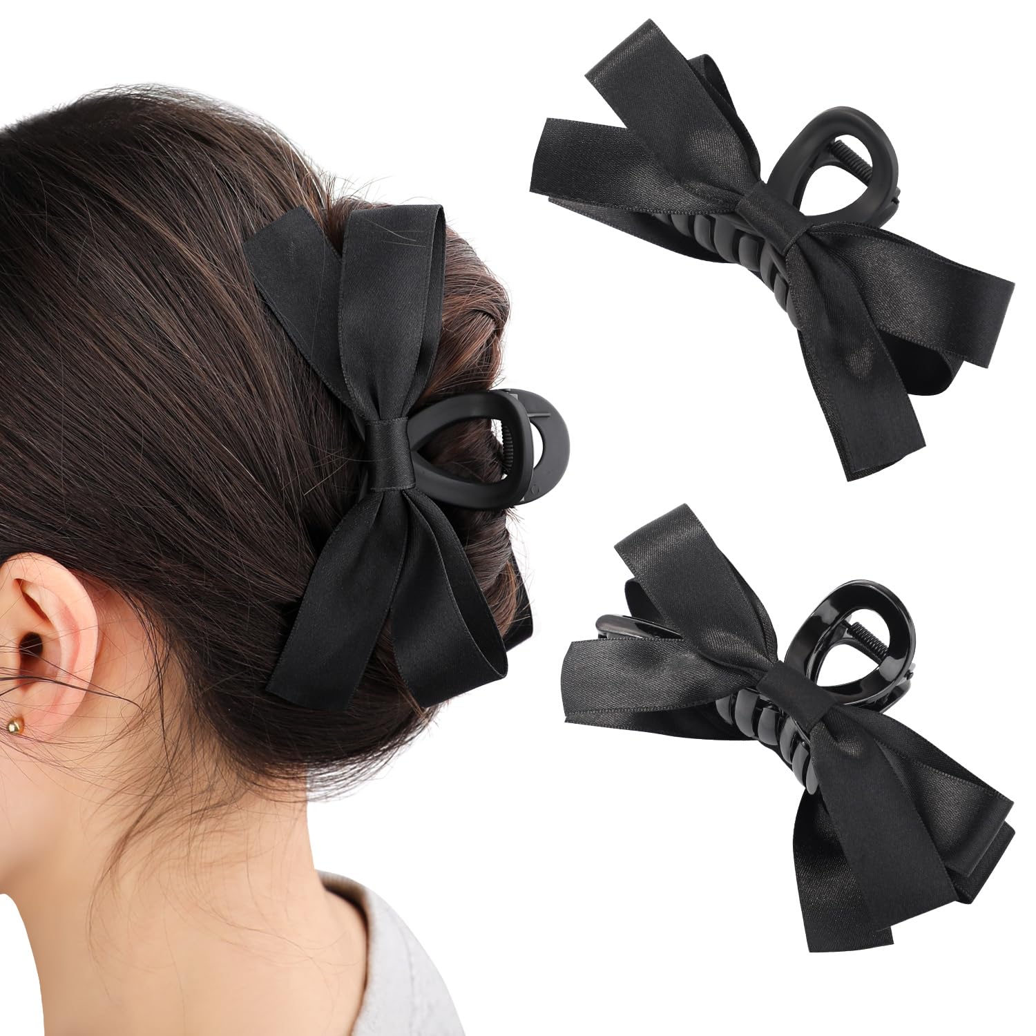 2Pcs Big Bow Hair Claw Clips for Women,French Nonslip Black Bow-knot Hair Claw Clips,Perfect Gifts for Valentine's Day,Mother's Day,Birthdays,Thanksgiving(1 Matte Finish,1 Glossy Finish)