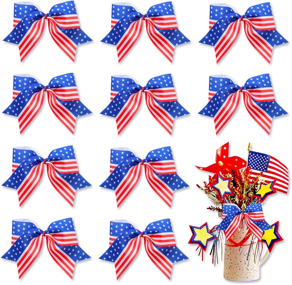 Bows & Ribbons - ALIBBON 10 Pcs Patriotic Bows for Wreath, Labor Day Wreath Bows, American Flag Star Stripe Bows, Wreath Ornaments 4th of July Decor, Decorative Small Burlap Bows for 4th of July Party Supplies