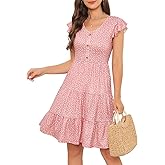 Lamilus Women's Casual Summer Dresses 2025 Ruffle Sleeves V-Neck Button Down Mini Dress Tiered Babydoll Swing Sundresses