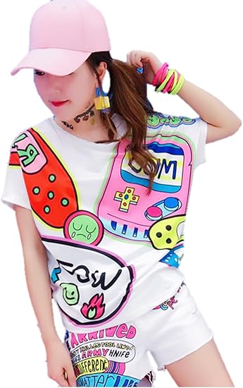 Amazon レディース Tシャツ マルチカラー カワイイ 原宿系 青文字系 ポップ カラフル トップス 夏 K M Tシャツ カットソー 通販