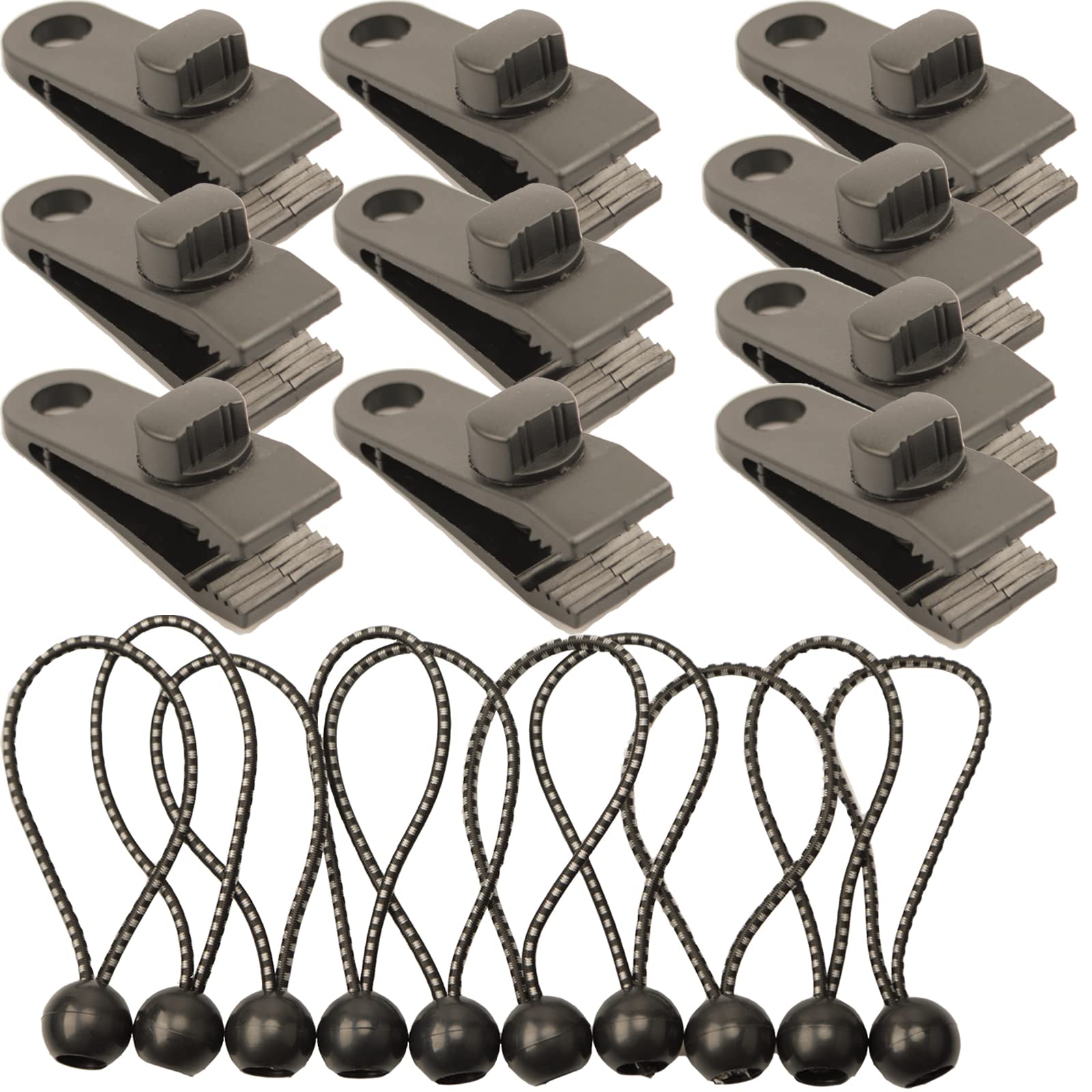 10pcs Tarp Clips Awning Clamp Heavy Duty Lock Grip with 10pcs Ball Bungee Cords, Fixed Plastic Linoleum Tent Clips Tarp clamps Tent fasteners, Tent tarp Tarpaulin Canvas Clips for Outdoor Camping