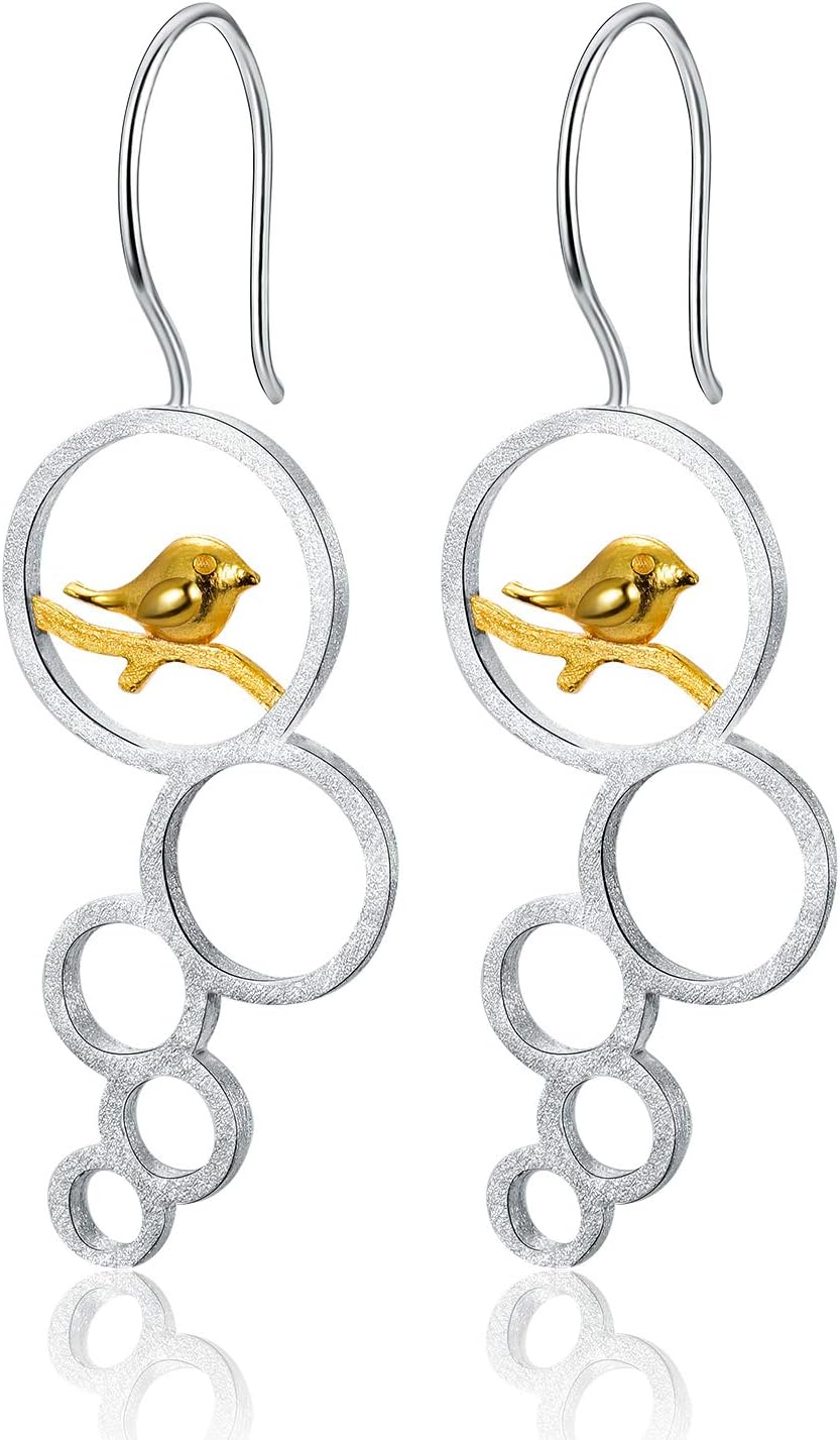 Lotus FunS925 Sterling Silver Earrings Elegant Flowers and Birds Drop Earrings Natural Creative Popular Handmade Unique Jewellery for Women and Girls
