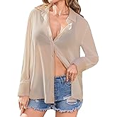 Totatuit Women's Sheer Button Up Blouse See Through Tops Sexy Button Down Shirt Beach Cover Up