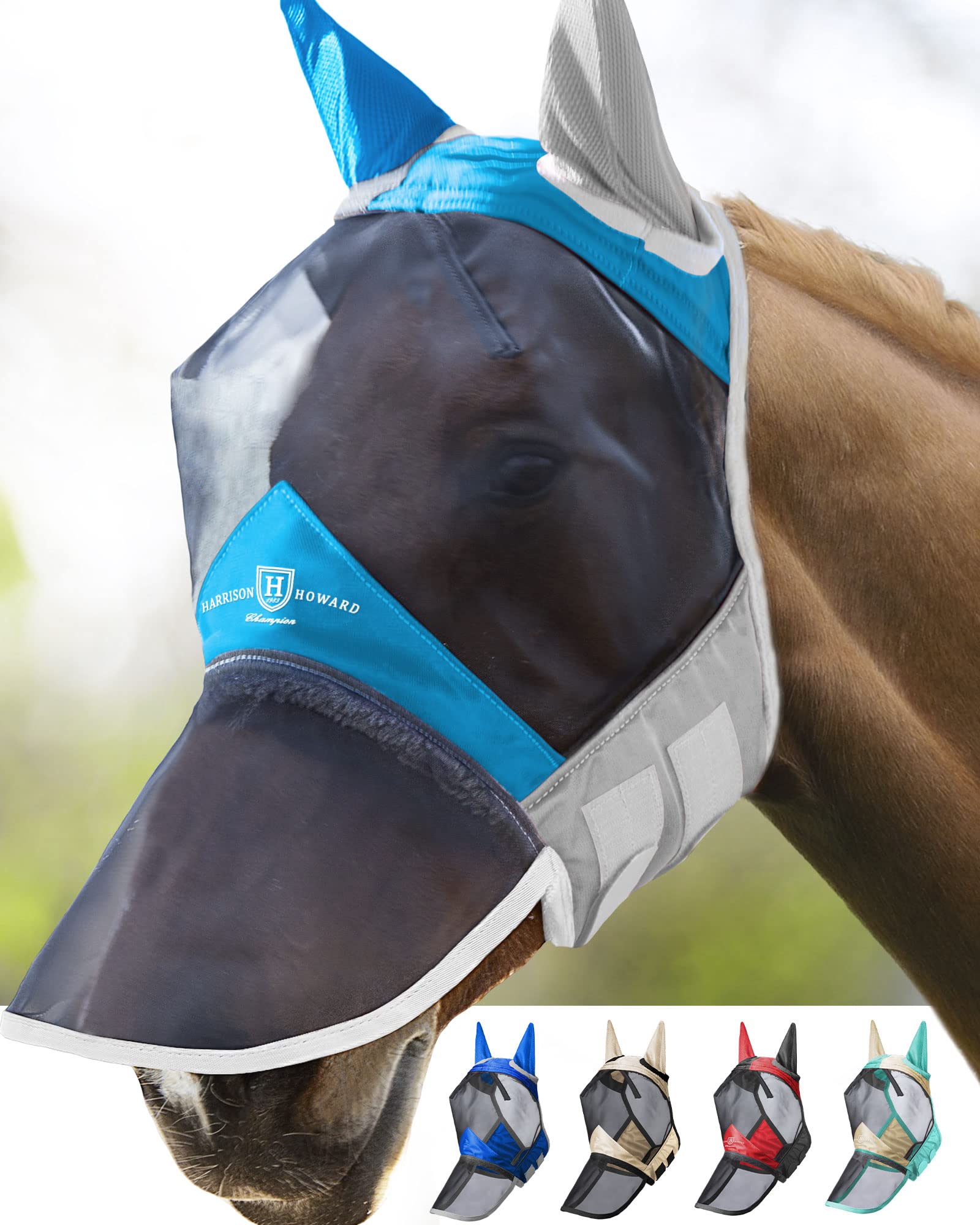 Harrison Howard CareMaster Pro Luminous Horse Fly Mask Large Eye Space Long Nose with Ears UV Protection for Horse Sky Blue Full Size