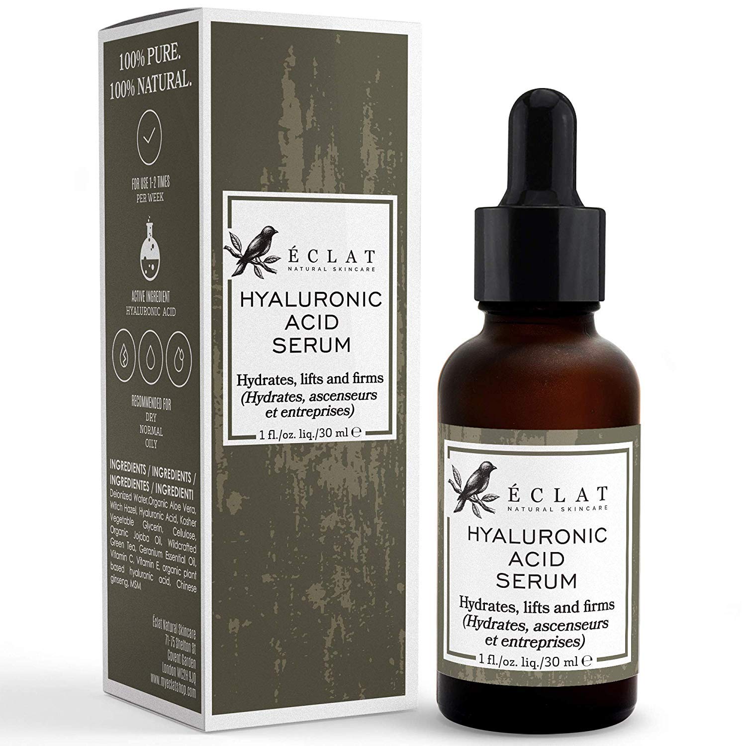 Hyaluronic Acid Serum by Eclat 100 Pure Moisturizer and Anti Ageing