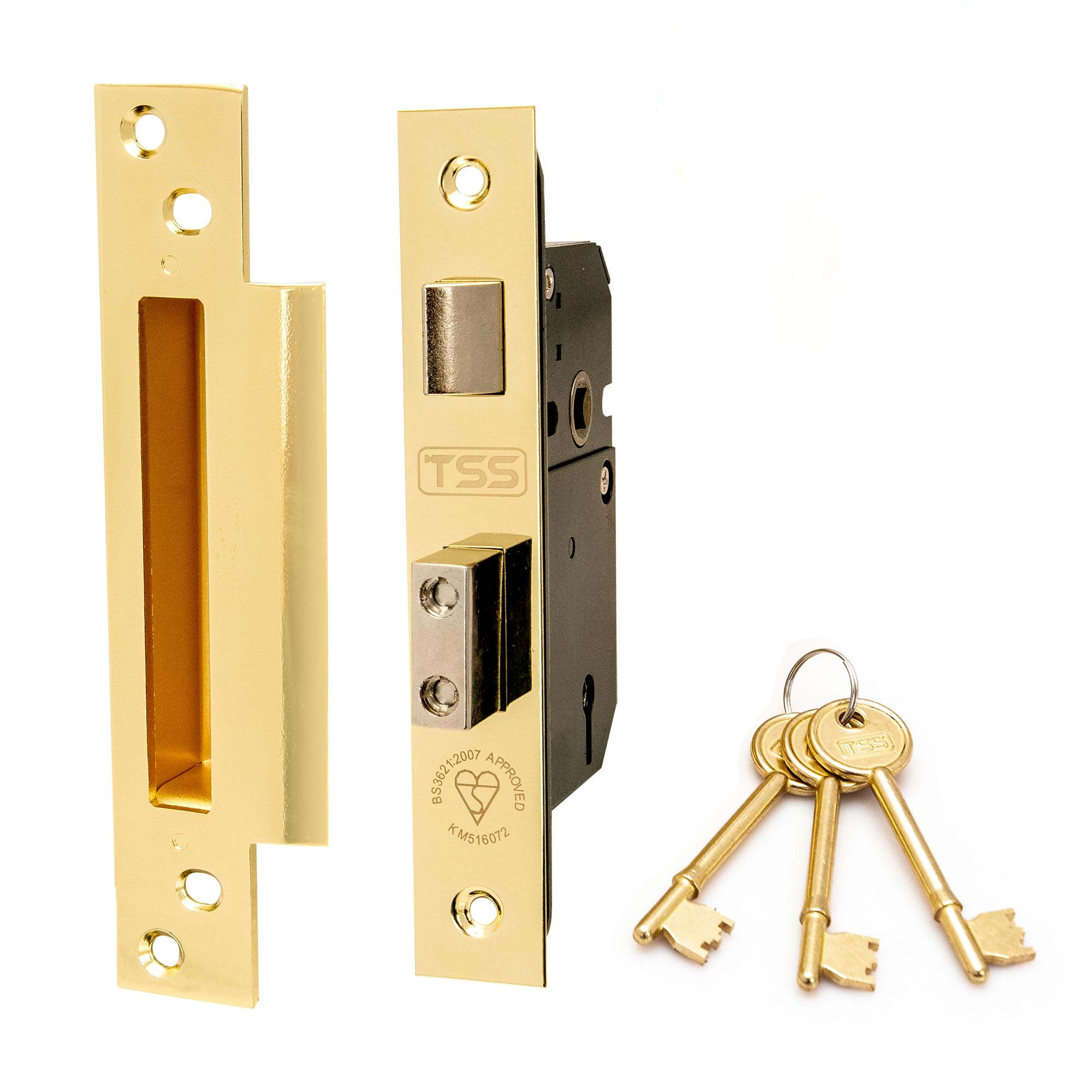 TSS British Standard Mortice Sash Lock 2.5" (68mm) Brass with 3 Keys and Fixings, Insurance Approved for External Doors, British Standard BS3621:2007