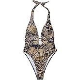 GORGLITTER Women's Cheetah Deep V Neck Sexy One Piece Bathing Suit Backless High Cut Leopard Monokini Swimsuits