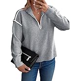 Saodimallsu Womens Quarter Zip Pullover Sweaters Casual Collared V Neck Color Block Long Sleeve Loose Knit Fall Sweater