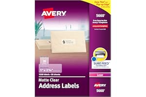 Avery Printable Address Labels with Sure Feed, 1" x 2-5/8", Matte Clear, 1,500 Blank Mailing Labels (05660)