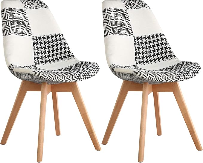 Nicemoods Patchwork 2 Set of Chair Fabric Wooden Retro Breakfast Dining Room Chairs (black&white