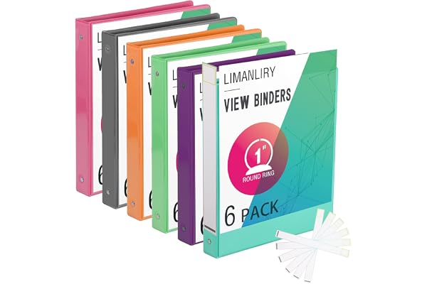 3 Ring Binders,1 Inch Round Rings, with Clear View Covers, Assorted Colors,6 Pack