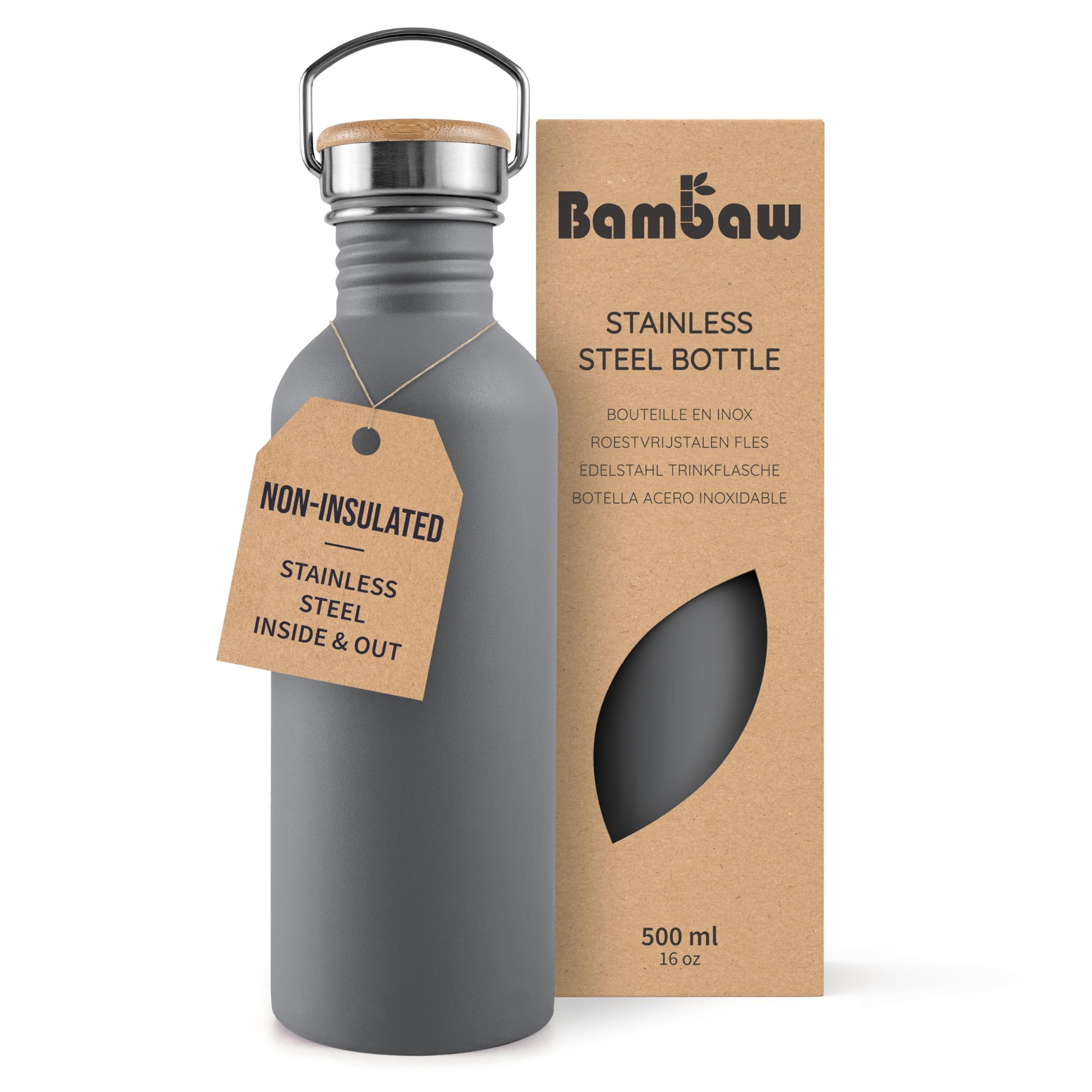 Bambaw Stainless Steel Water 500ml Bottle, Non-Insulated Sport Bottle, BPA Free, Reusable