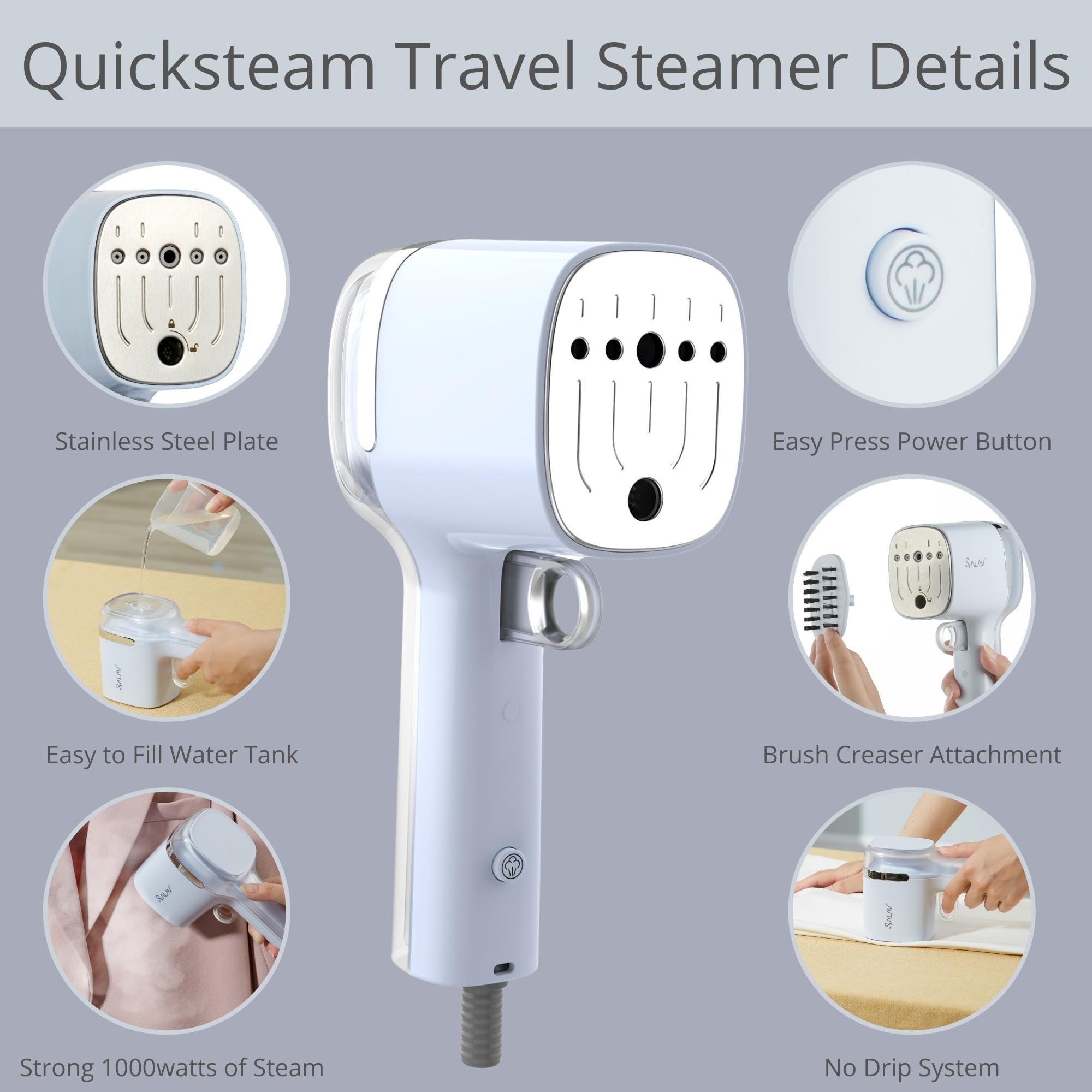 SALAV® Quicksteam Portable Travel Hand Held Garment Steamer for Clothes, 10 seconds Fast Heating Time, Removes Wrinkles on Clothes and Fabrics, No Drip Steam, Stainless Steel Plate
