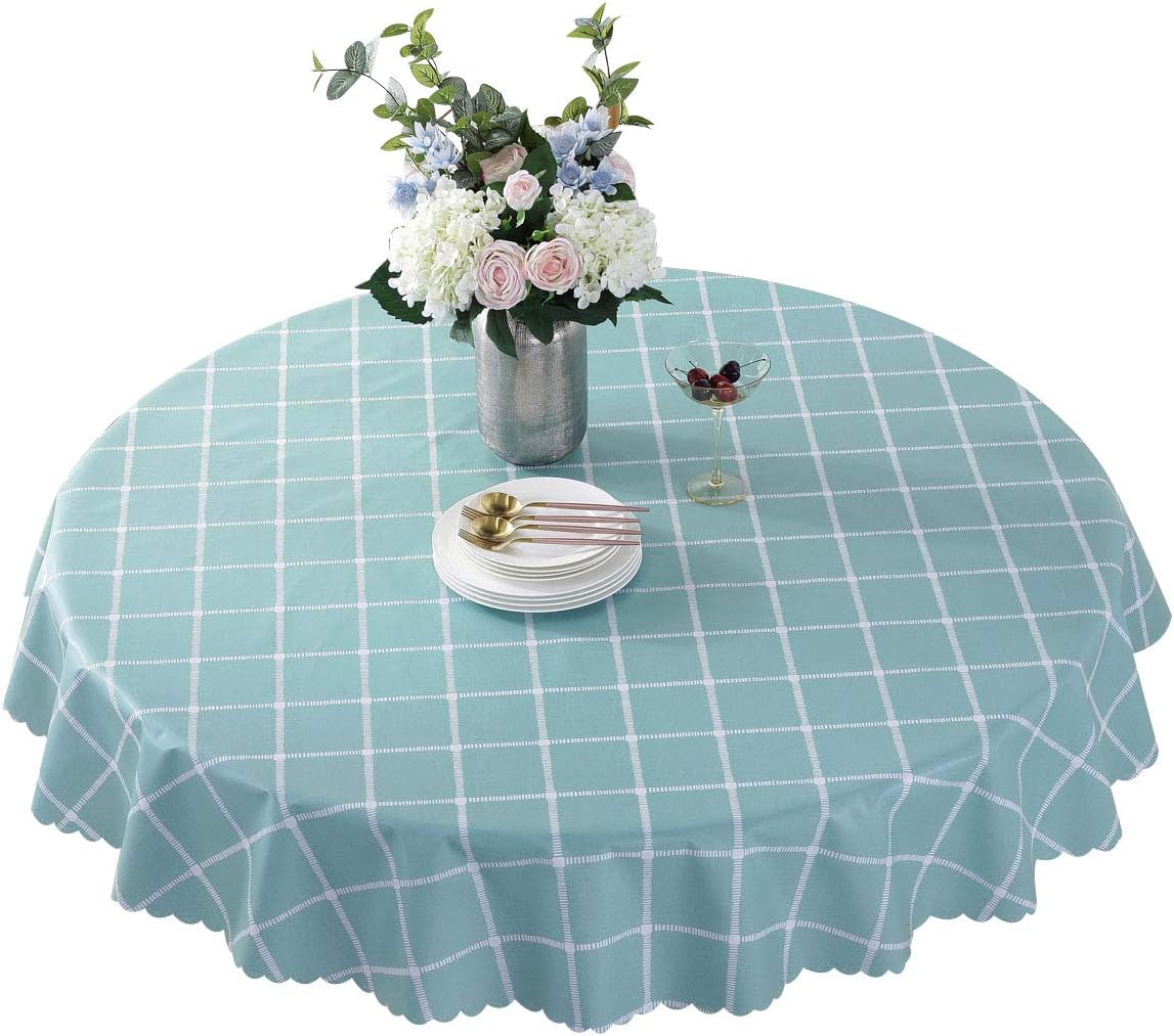 LOHASCASA Vinyl Oilcloth Round Tablecloth Waterproof PVC Plastic Spillproof Peva Heavy Duty Farm Oil Proof Wipeable Tablecloth for Luau Teal Grid 70 Inch
