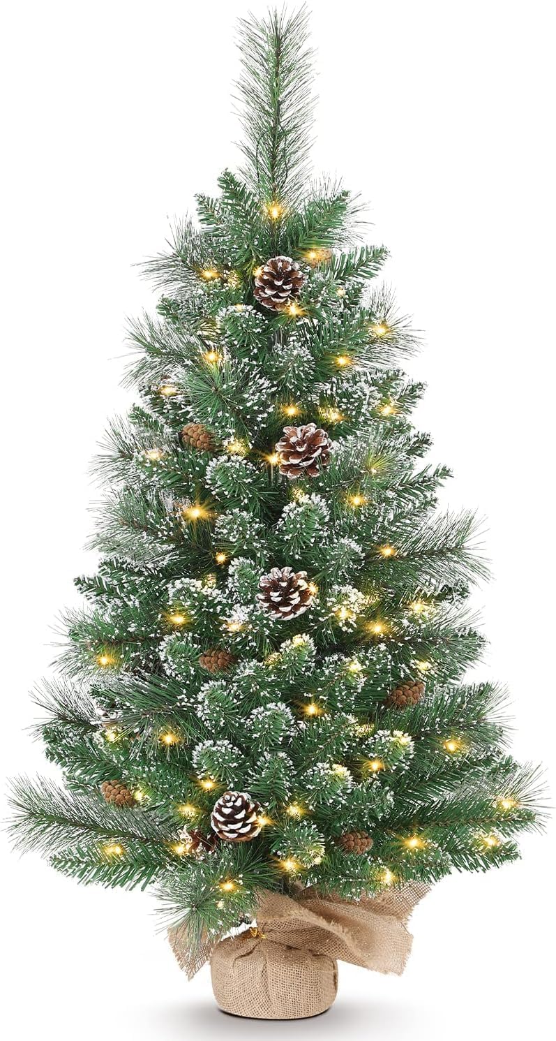 Trees - OasisCraft Tabletop Christmas Tree 3ft - 36 Inch Christmas Tree with a Burlap Base, Small Christmas Tree with LED Lights, White Tipped Branches