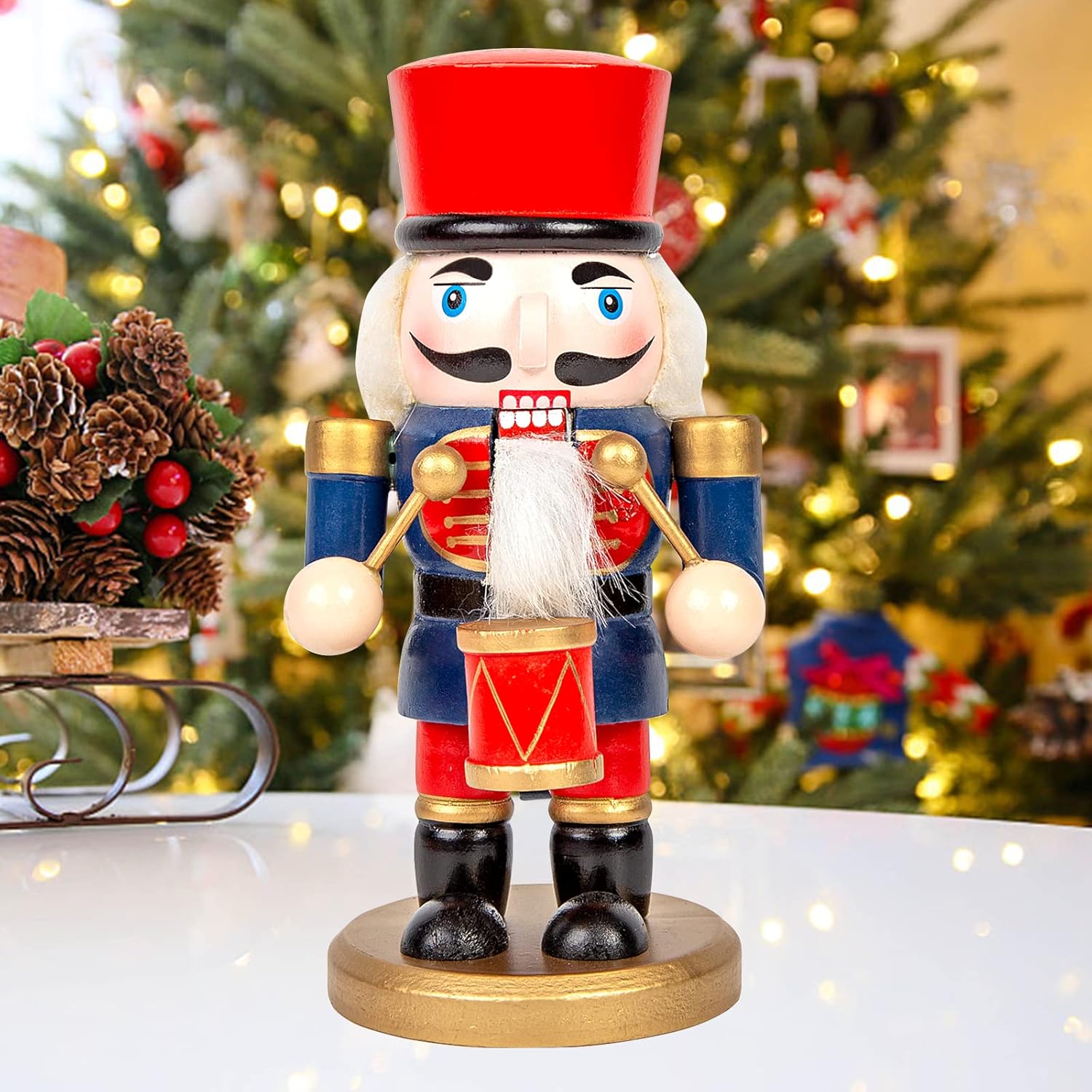 Nutcrackers - AMOR PRESENT Christmas Drummer Nutcracker, 7 Inch Chubby Wooden Nutcracker Christmas Ornament Decoration for Shelves Table Fireplace