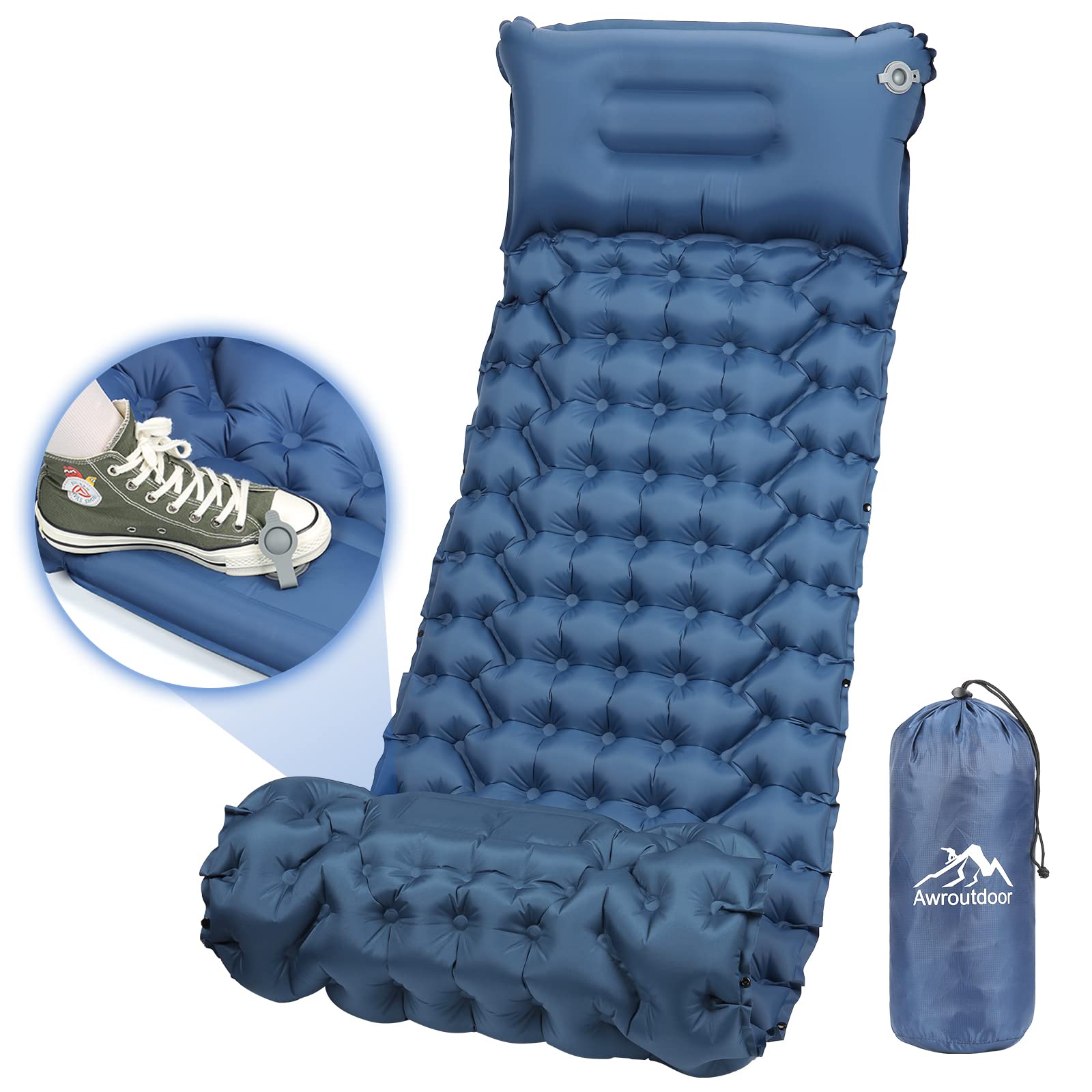 Camping Mat Self Inflating Lightweight, Awroutdoor Sleeping Pad Camping Inflatable Ultralight, 9cm Thick Camping Mattress Pad Single, Air Camp Mat with Pillow for Outdoor Hiking Backpacking Hammock