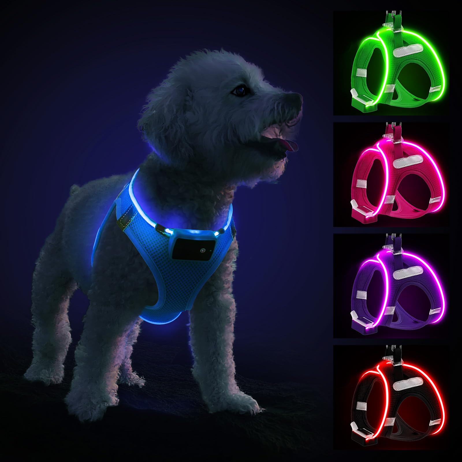 Light Up Dog Harness with Rechargeable LED - Waterproof Reflective Dog Harness Glow in the Dark - Flashing Harness for Puppy Small Medium Dogs Walking in Light, Blue-S — image 1