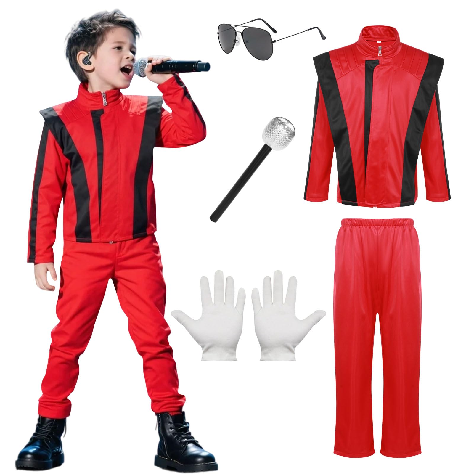 Antsparty Dancer Rocker Star Costume, 80s Pop Costume Set with Red Jacket and Trousers Glove Glasses, King of Pop Fancy Dress, Halloween Cosplay Role Playing — image 1