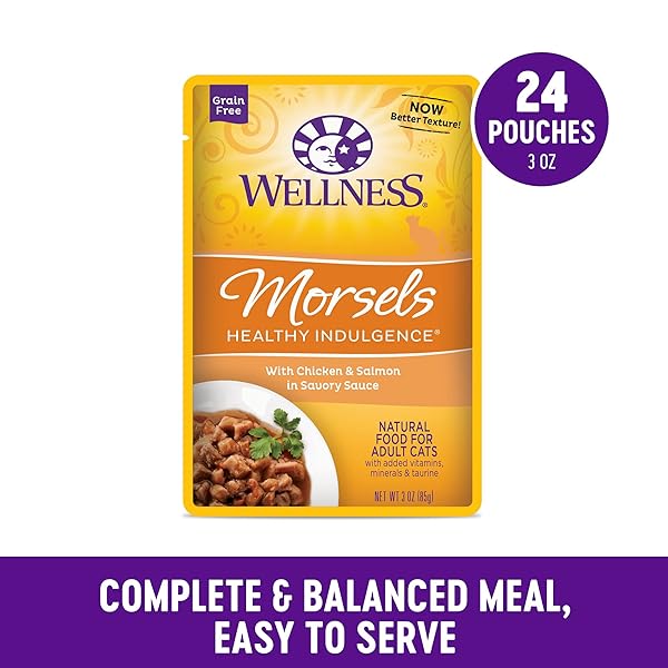 WELLNESS HEALTHLY INDULGENCE MORSELS ADULT WET CAT FOOD, NATURAL, PROTEIN-RICH, GRAIN FREE, 3 OUNCE POUCH, 24 PACK, (CHICKEN & SALMON)