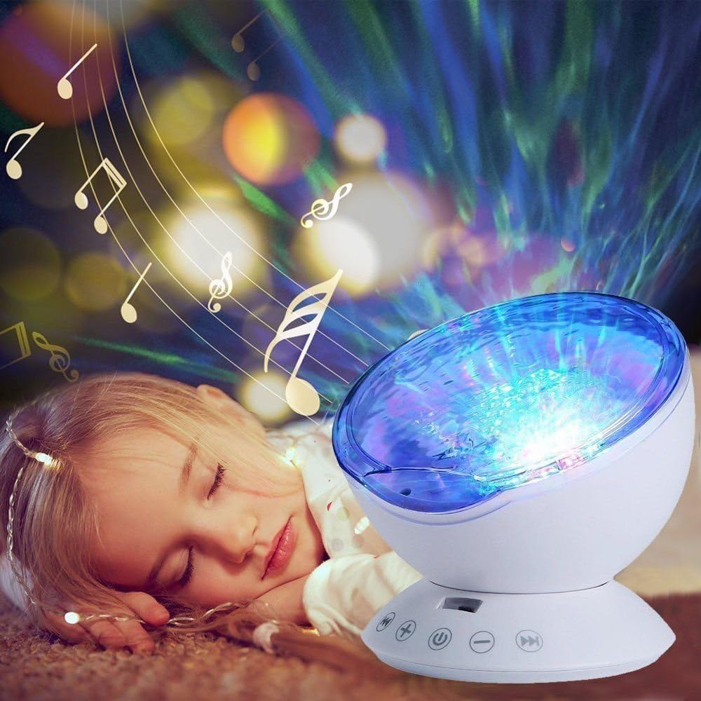 Dinlly Ocean Wave Projector, Touch Sensor 12 LED & 7 Color Night lights with Remote Control Built-in Music Player Decoration Lamp for Projecting Multi-Colored Waves on to Wall or Ceiling(White)