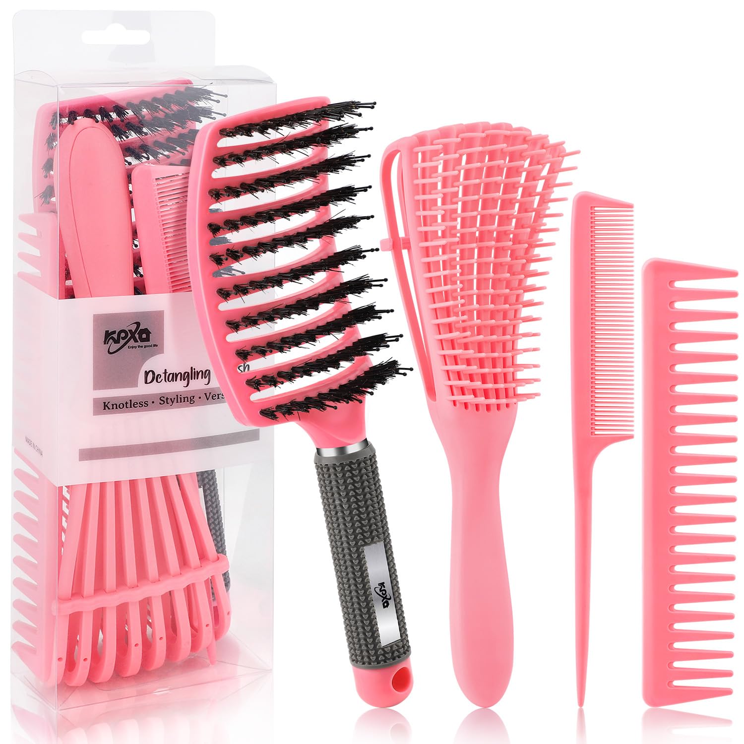 Photo 1 of 4pcs Curly Brush Set for Adult & Kids Wet or Dry Hair, Detangling Brush for 3/4ABC Hair with Wide Tooth Comb (4, Pink)