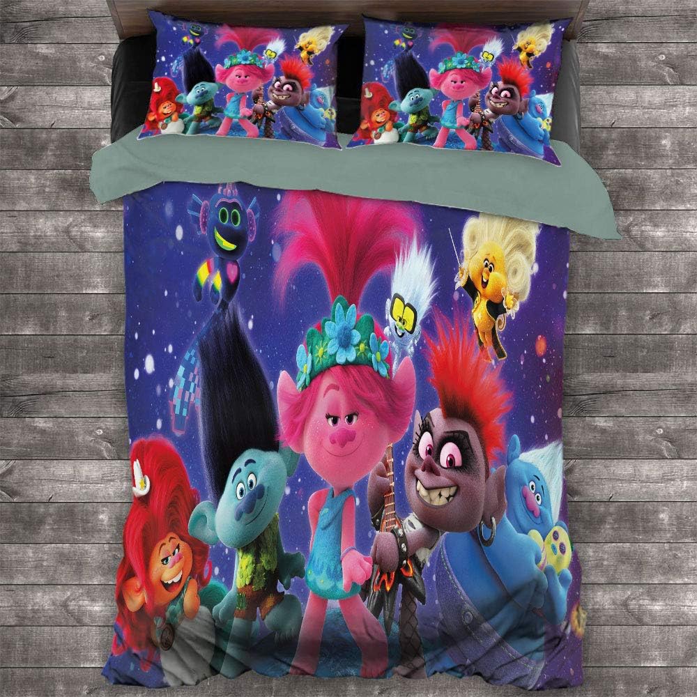 Trolls World Tour Comforter Bedding Set 3 Piece Set Microfiber Duvet Cover Set Comforter Cover with and 2 Pillow Shams Teen Bedding, US Twin 172 x 218 cm, 3D Movie Cartoon Character