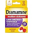Dramamine Chewable Less Drowsy, Motion Sickness Relief, Raspberry Cream Flavor, 12 Count
