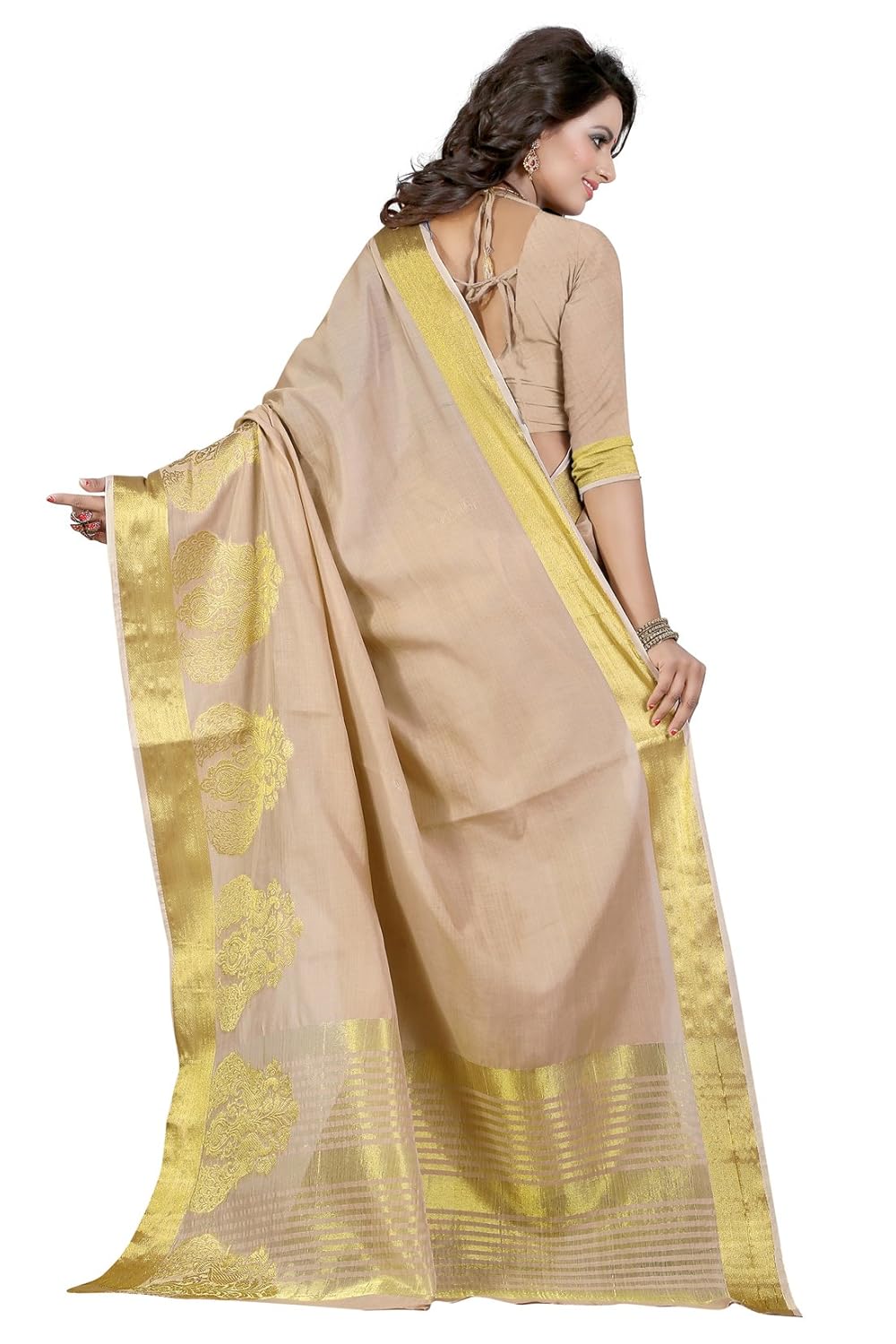 women's poly cotton traditional saree unstitched blouse design (raj peacock chikku_beige)