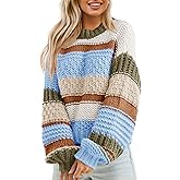 Saodimallsu Womens Color Block Sweater Striped Chunky Knit Cropped Sweaters Crewneck Fall Long Sleeve Loose Pullover Tops