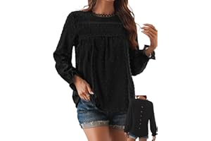 Falechay Womens Boho Tops Long Sleeve Shirts for Women Cute Crewneck Blouse Dressy Casual Swiss Dot Crochet Hollow Top 2025
