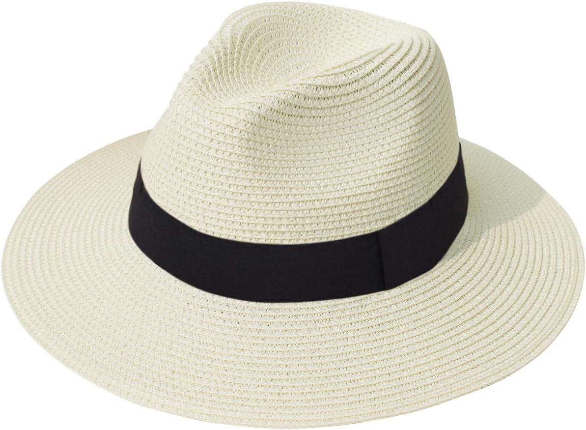 Lanzom Women Wide Brim Straw Panama Roll up Hat Fedora Beach Sun Hat UPF50+