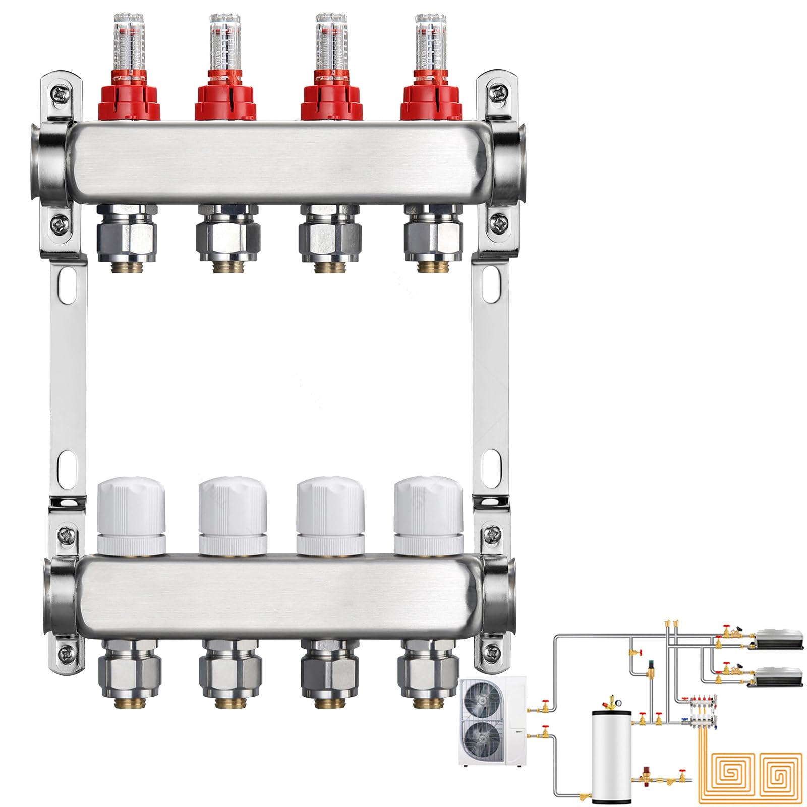 Heating Circuit Distributor, Underfloor Heating 4 Heating Circuits Flow Meter Underfloor Heating Underfloor Heating System Stainless Steel With Flow Meter Without Ball Valve Set 3/4‘’ External Thread