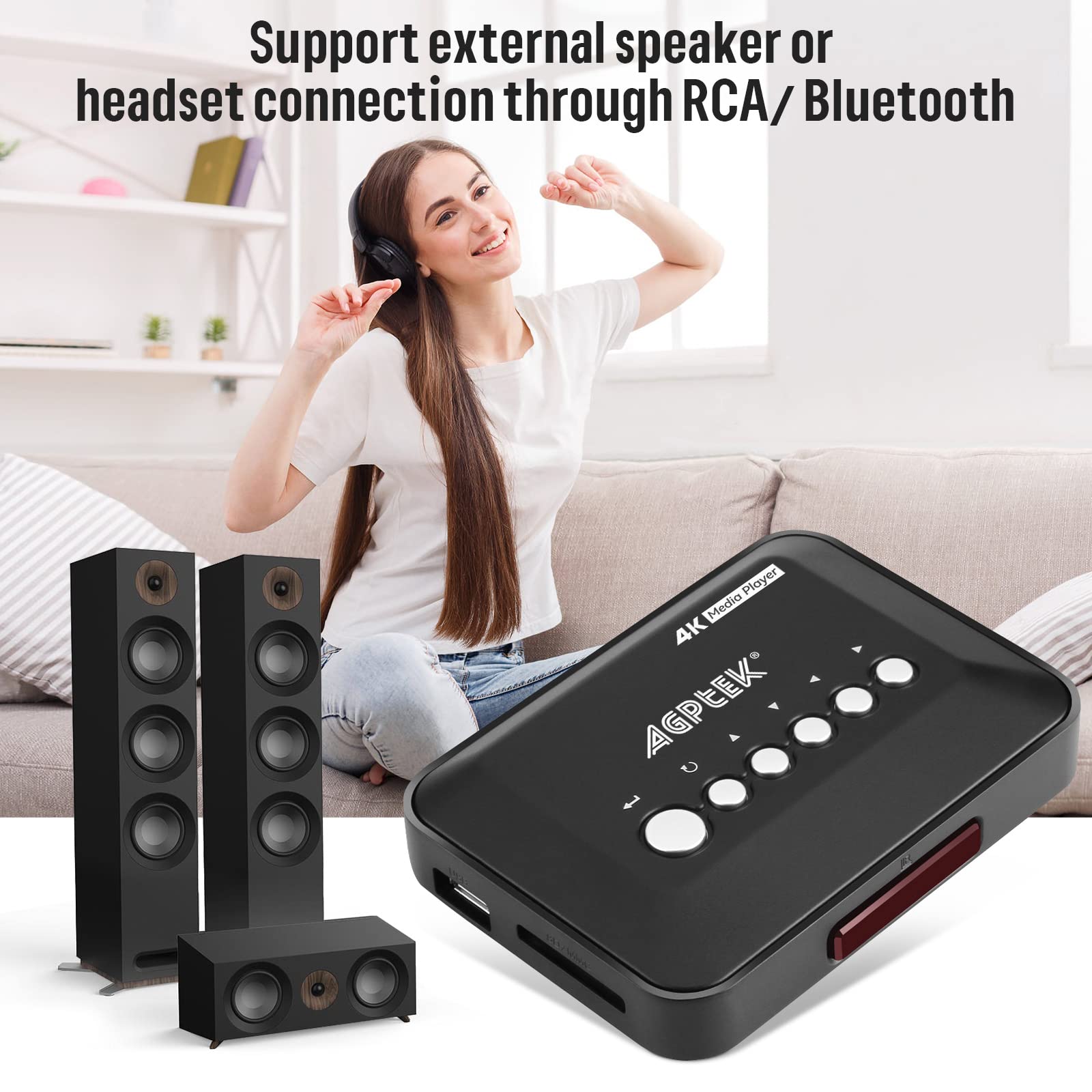 4K@30hz HDMI TV Media Player & DC 5V 2A Power Supply Cord Charger, with HDMI/AV Output, Digital MP4 Player for 14TB HDD/ 512G USB Drive/SD Card/H.265 MP4, with Remote Control for MP3 AVI RMVB MPEG etc