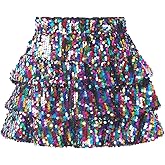 WELAKEN Sparkle Sequin Skirt for Girls Kids Elastic Waist Three Layer Ruffle Skirt