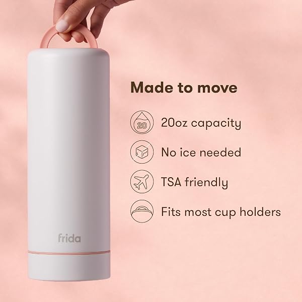 FRIDA MOM FLOW + GO BREASTMILK COOLER BOTTLE, 24HR PORTABLE BREASTMILK COOLER FOR TRAVEL, DESIGNED TO STORE BREASTMILK BAGS & BOTTLES, INCLUDES 2 ICE PUCKS & CARRYING HANDLES, LIGHTWEIGHT, 20OZ