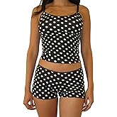 RUEWEY Women 2 Pieces Pajamas Set Loungewear Dot Print/Stripe Sleeveless Cami Tops and Shorts Sleepwear Outfits