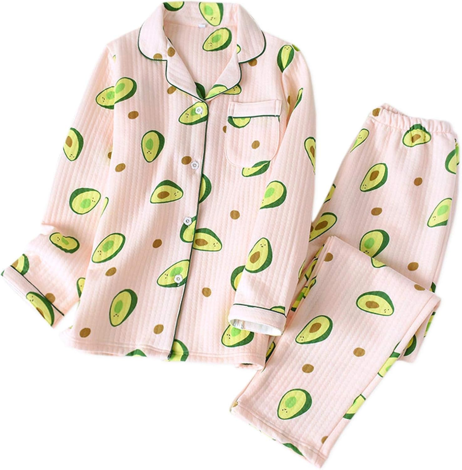 LEYUANA Thicken Fresh Green Avocado Sleepwear Women,Pajamas Sets Winter
