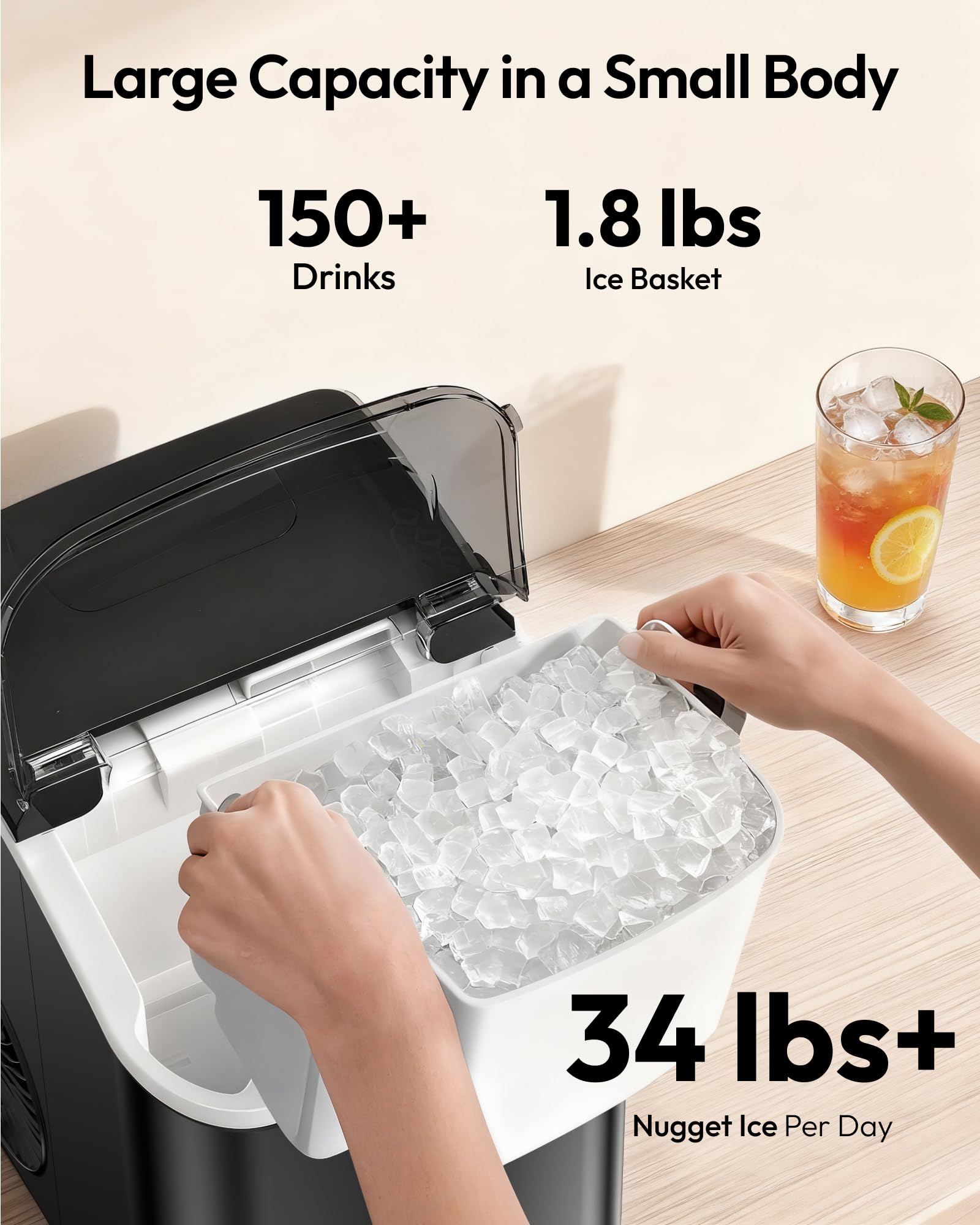 EUHOMY Nugget Ice Maker Countertop with Handle, Ready in 6 Mins, 34lbs Per Day, Removable Top Cover, Auto-Cleaning, Portable Sonic Ice Maker with Basket and Scoop, for Home/Party/RV/Camping (Black)