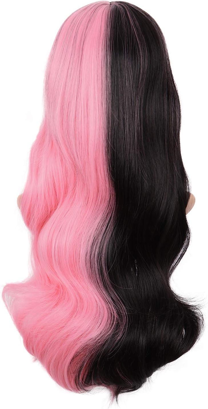 MapofBeauty 24 Inch/60cm Multicolor Flat Bangs Long Curly Fashion Cosplay Party Wig (Half Pink Half Black) - Image 5