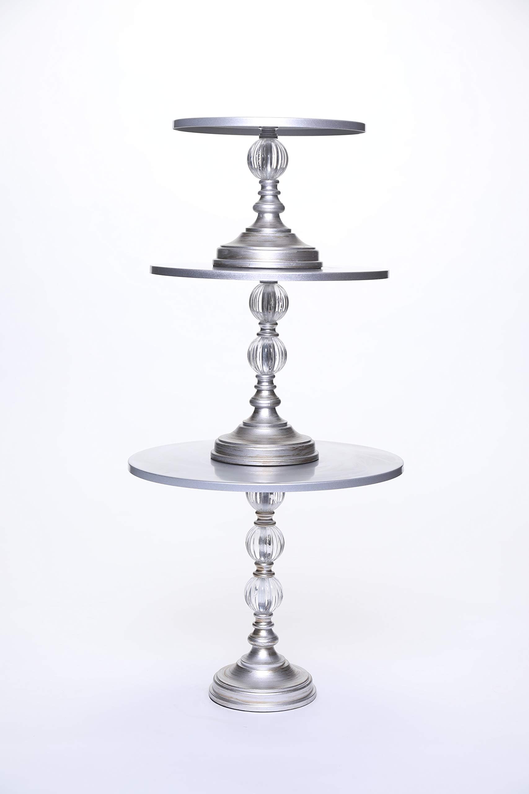 Cake Stands, Antique Silver, Set of 3, Metal, Pedestal Base with Decorative Clear Glass Ball / Wedding, Birthday, Baby Shower, Bridal Shower Dessert Trays Serving Sets