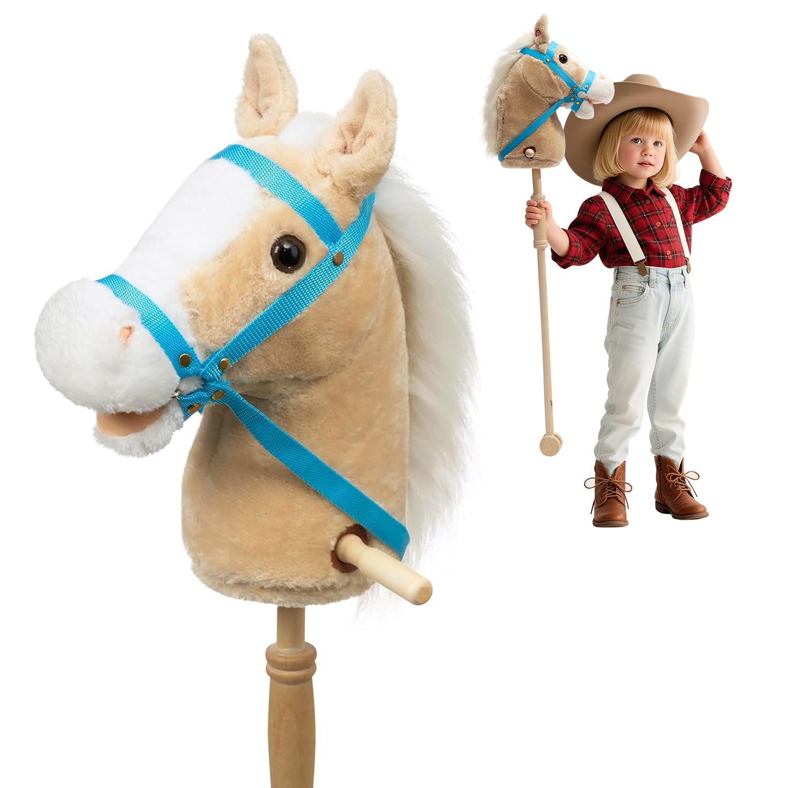 Photo 1 of HollyHOME Stick Horse Plush Handcrafted Hobby Horse on a Stick with Wood Wheels Real Pony Neighing and Galloping Sounds for Kids Toddlers Beige 36 Inches(AA Batteries Required)