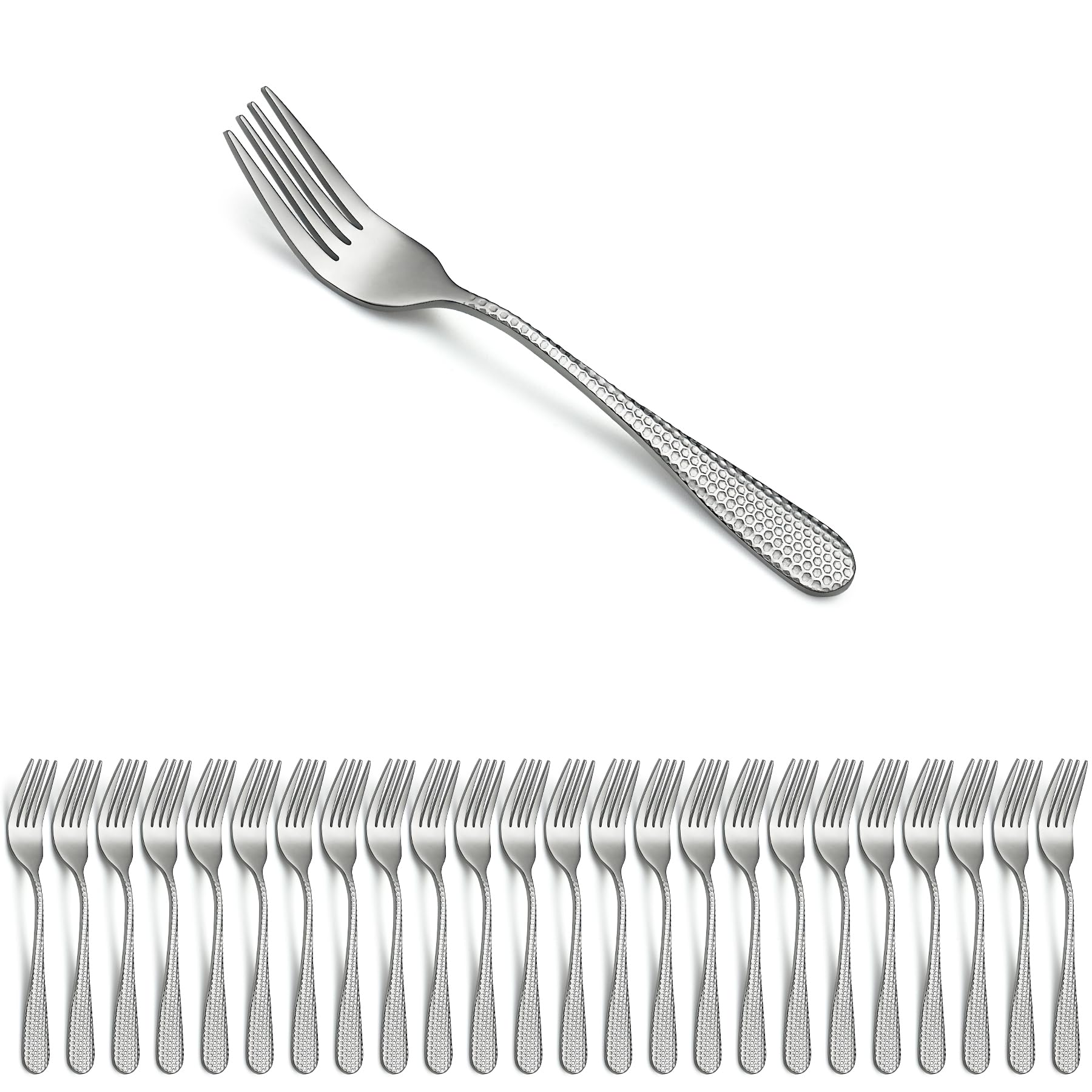 Evanda Dessert Forks Set of 24 Pack, Stainless Steel Vintage Elegant Special Hammered Handle Pastry Fork, Family Appetizer Fork for Fruit, Cake, Cheese, Party Trips, Easy to Clean, Dishwasher Safe — image 1