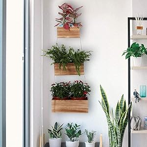 N/V Hanging Planter Boxes with Handmade Linen Rope, Rustic Burnt Wood Flower Pots for Office|Home Décor|Garden Décor, Indoor 3-Layer Wall-Hanging Planter Hanger for Wall