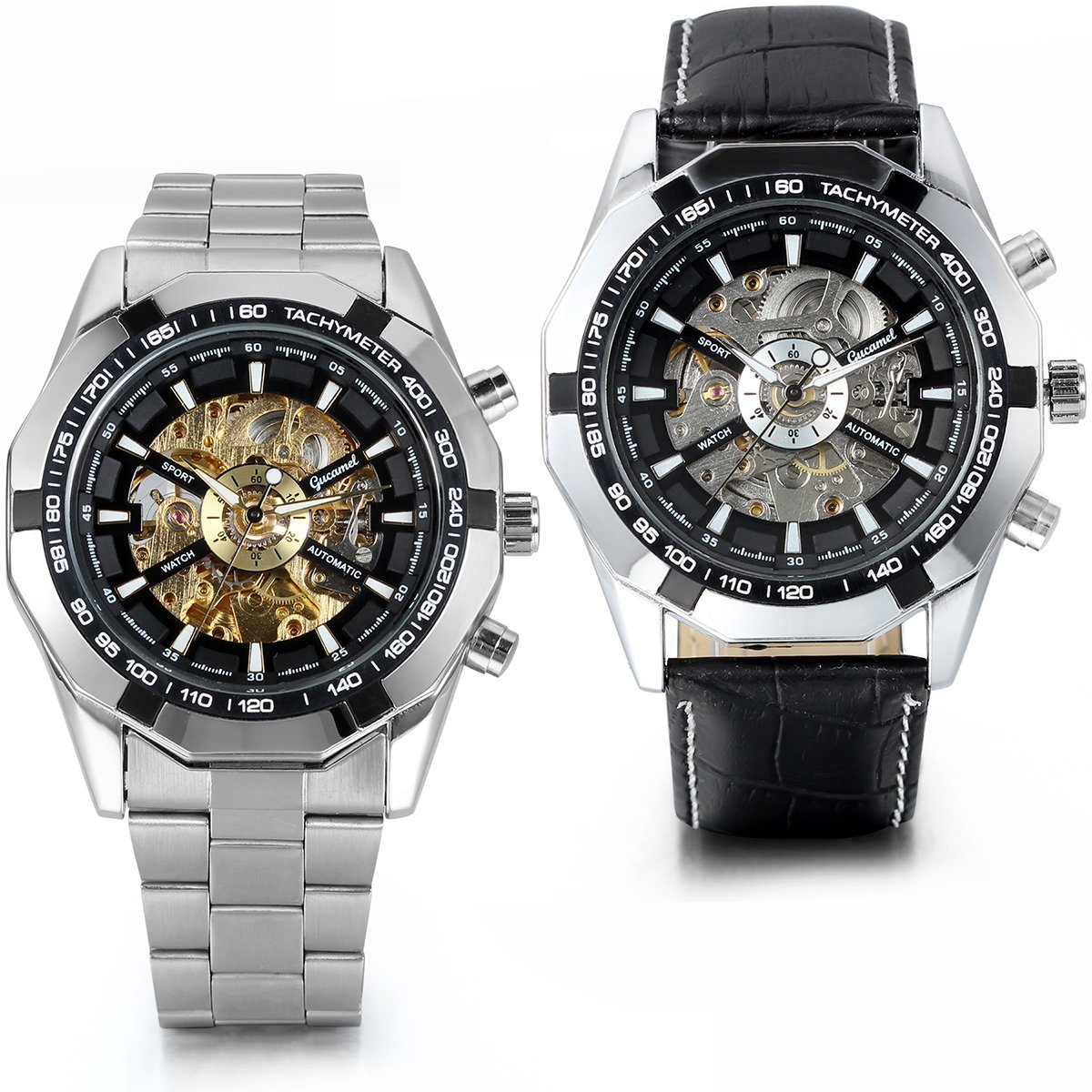 JewelryWe Mens Skeleton Wrist Watch: Classic Mechanical Automatic Watch Black Bezel Skeleton Dial Stainless Steel Steampunk Dress Watch for Fathers Day Valentines Day Birthday