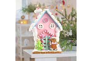 Christmas Gingerbread House 1pc Pastel Pink Villiage House with Christmas Tree, Gingerbread Man and Candy with Led Lights for