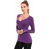 AmélieBoutik Women V Neck Floral Lace Trim Inset Long Sleeve Blouse Top