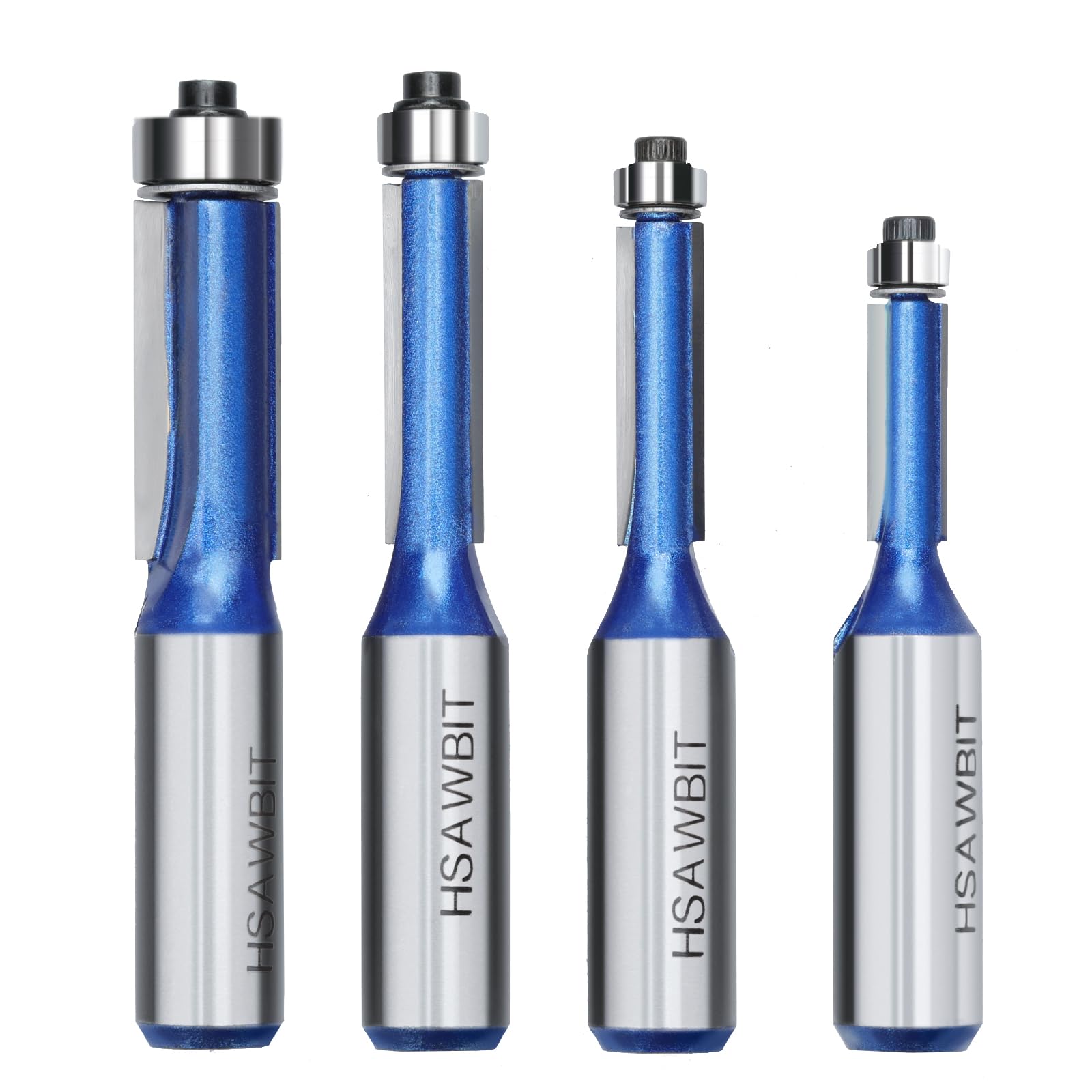 hsawbit Router Bit Set, 4pcs Flush Trim Router Bits 1/2" Shank, Cutting Dia. 1/4",5/16",3/8",1/2", Pattern Bearing Flush Cut Router Bit for Woodworking