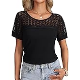 Rooscier Women's Lace Hollow Out Cut Out Round Neck Short Sleeve Dressy Casual Tunic Shirt Tops