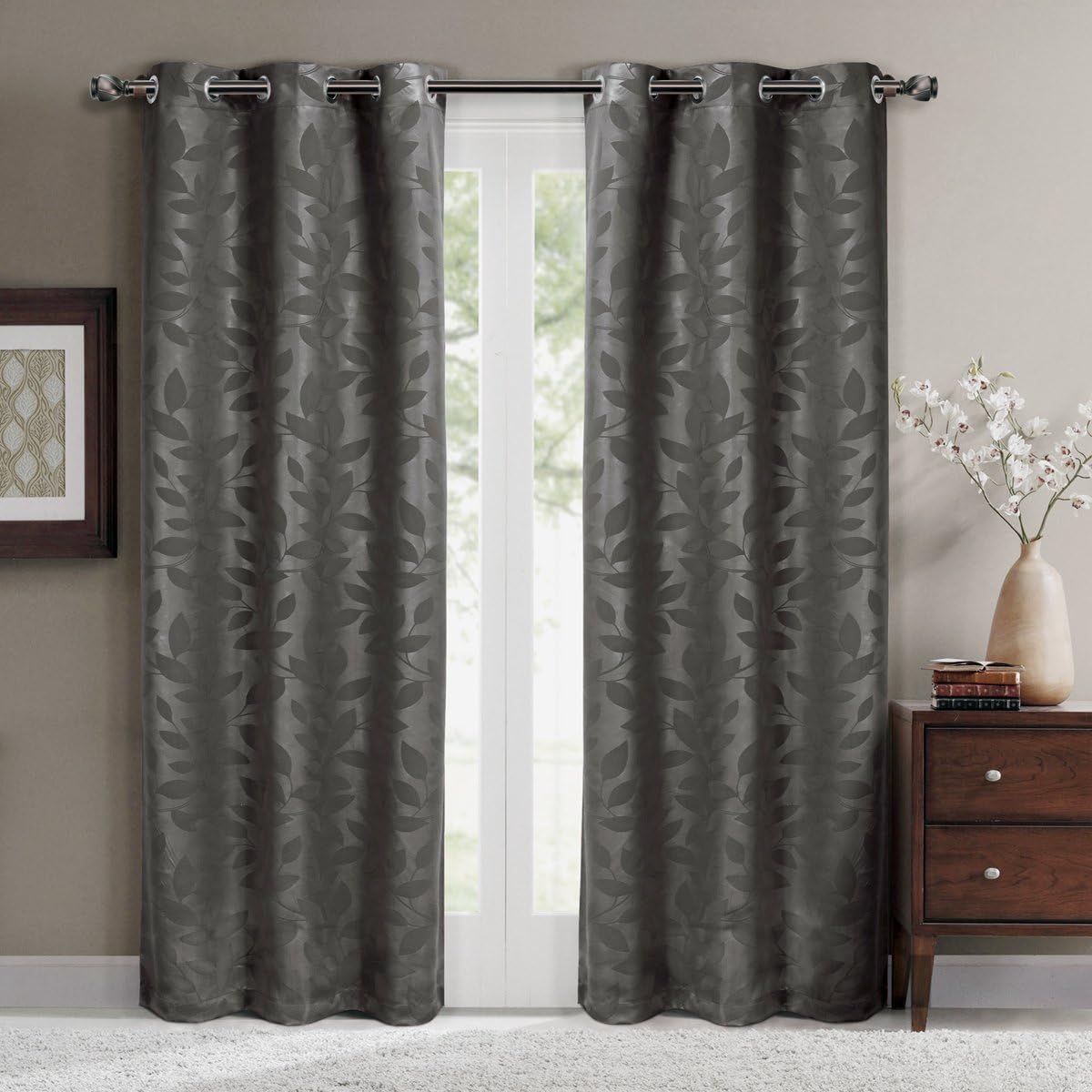 GoLinens Grommet Blackout Weave Window Curtain Panels with Virginia Embroidery 74 x 108 - Set of 2, Grey